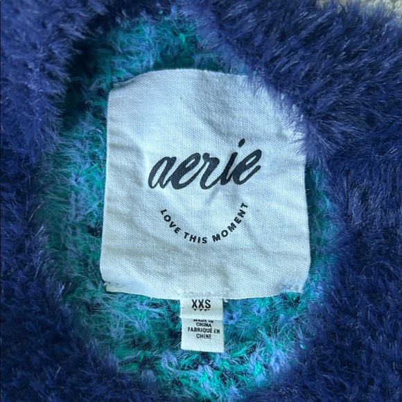 Aerie Flurry Oversized Argyle Sweater Fuzzy Winter Cozy Blue Crewneck Top XXS - Picture 3 of 11
